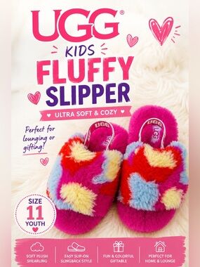 UGG Kids Fluffy Multicolor Slingback Slippers Pink Red Blue Youth Size 11